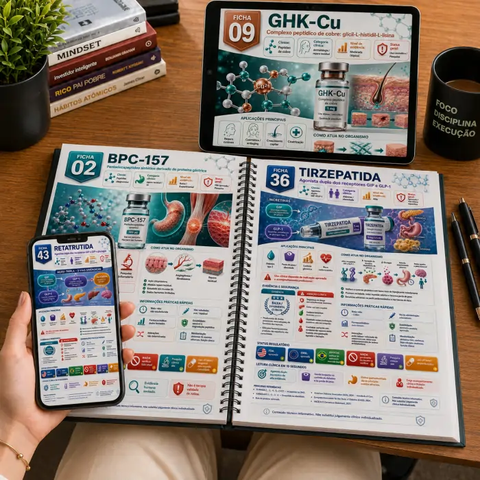 Caderno, tablet e celular exibindo as fichas clínicas